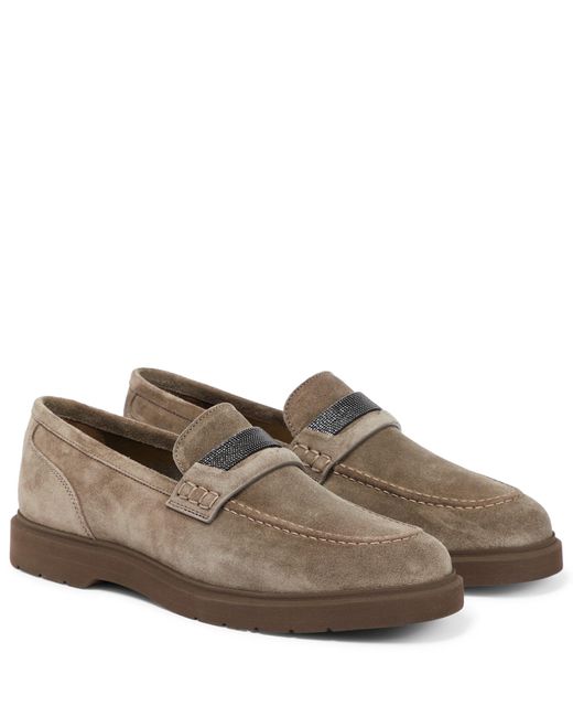 Brunello Cucinelli Embellished Suede Loafers in Brown | Lyst