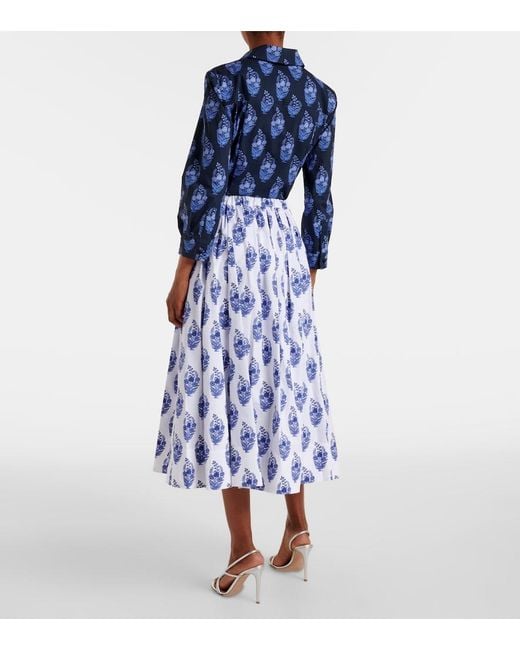 Carolina Herrera Blue Floral Cotton-Blend Midi Skirt