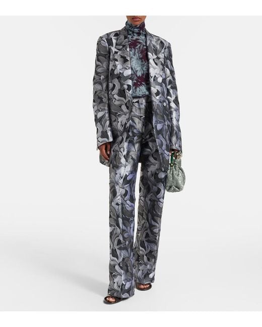 Dries Van Noten Gray Jacquard High-Rise Wool Straight Pants
