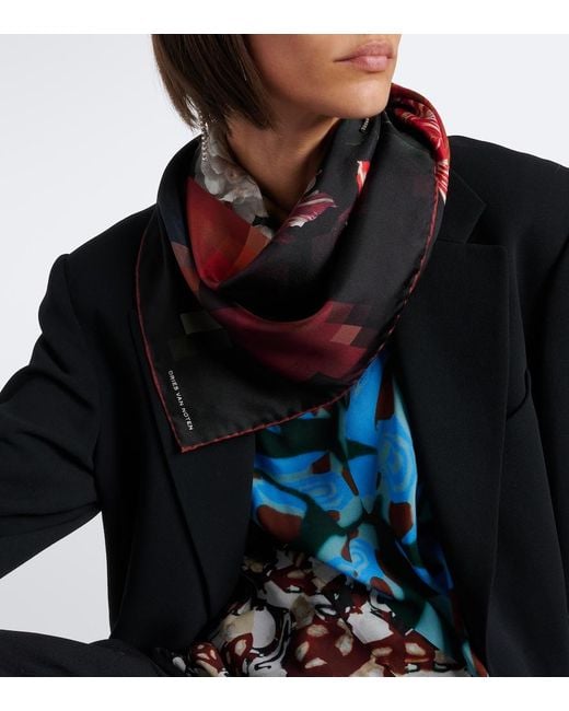 Dries Van Noten Black Floral Silk Twill Scarf
