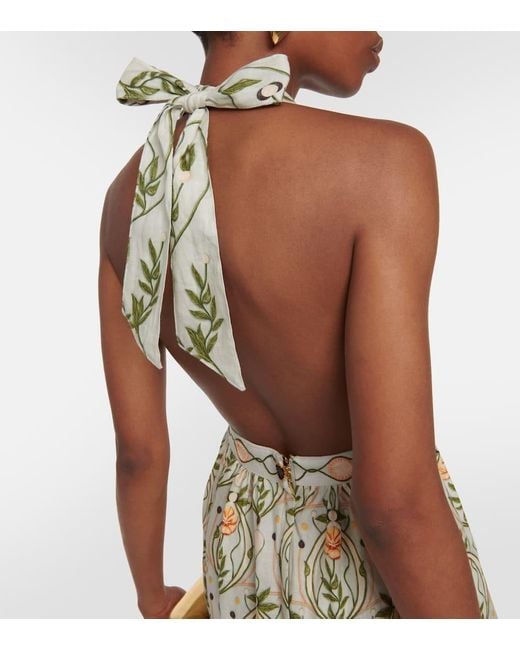 Agua Bendita Metallic Consuelo Lunar Embroidered Linen Midi Dress