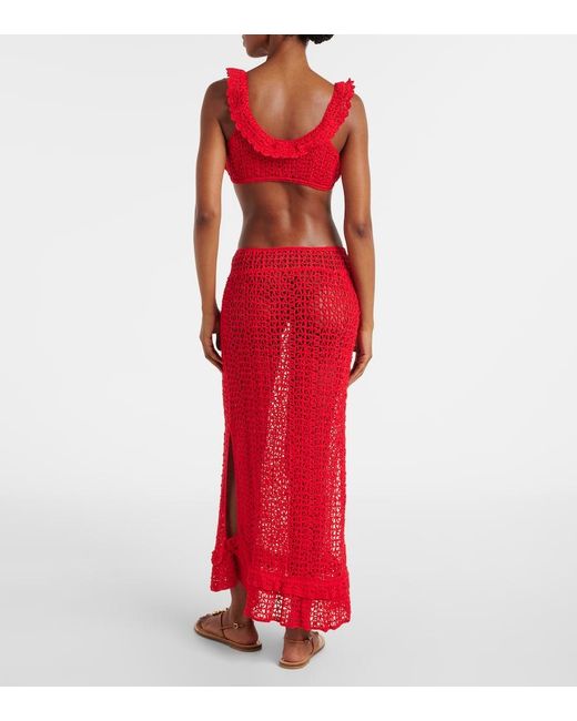 Anna Kosturova Red Rosette Crochet Cotton Maxi Skirt