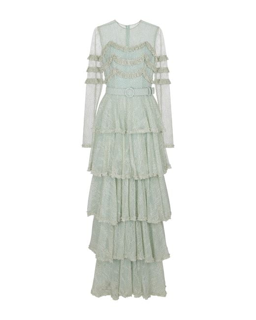 Costarellos Green Miranne Chantilly Lace Gown
