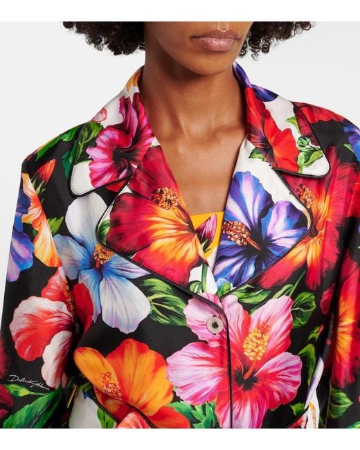 Dolce & Gabbana Red Belted Floral Silk Shirt