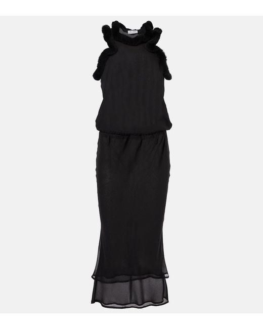 The Attico Black Faux Fur-Trimmed Midi Dress