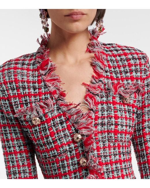 Self-Portrait Red Checked Frayed Knitted Midi Dress