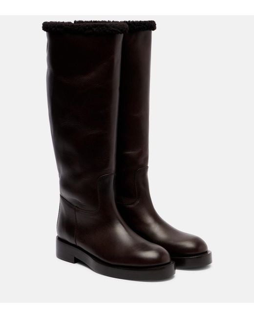 Paris Texas Black Shearling-Trimmed Leather Knee-High Boots