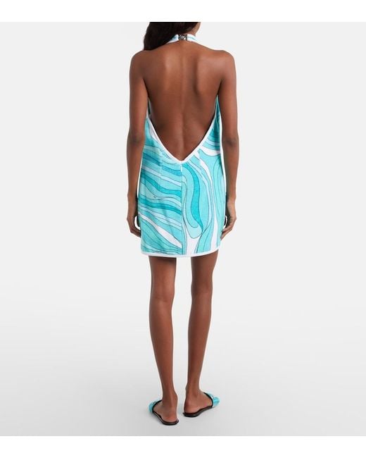 Emilio Pucci Blue Iride Halterneck Cotton Terry Minidress
