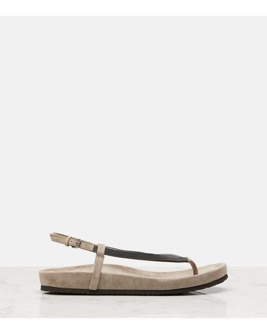 Brunello Cucinelli Gray Monili Suede Thong Sandals
