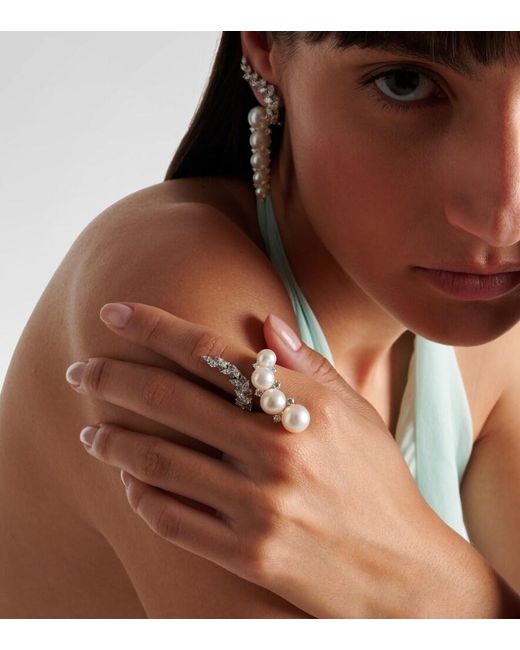 YEPREM White Pearlescent 18Kt Ring With Diamonds And Freshwater Pearls