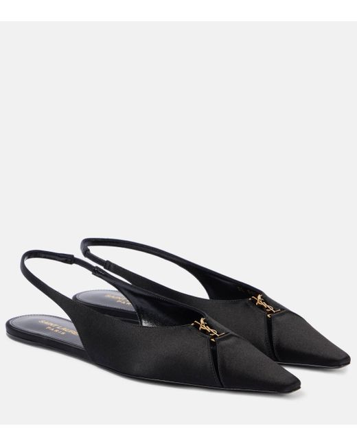 Saint Laurent Black Babylone Satin Slingback Flats