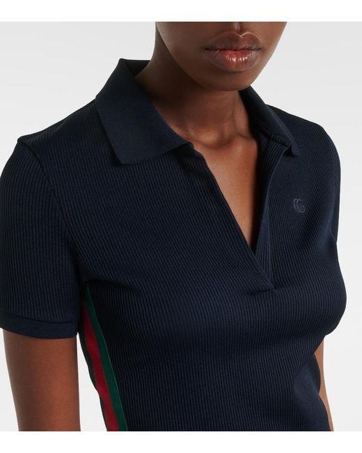 Gucci Blue Web Stripe Ribbed-Knit Jersey Polo Dress