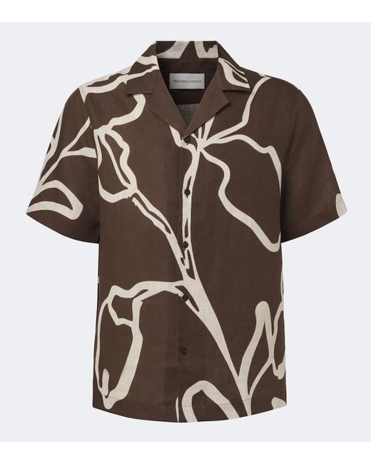 Frescobol Carioca Brown Printed Linen Bowling Shirt for men