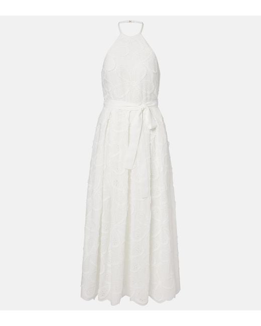 Elie Saab White Embroidered Belted Cotton-Blend Midi Dress