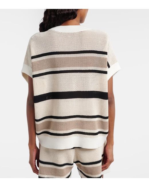 Brunello Cucinelli Natural Open-Knit Striped Cotton Top