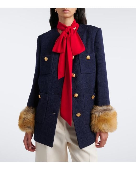 Valentino Blue Shearling-Trimmed Wool-Blend Tweed Jacket