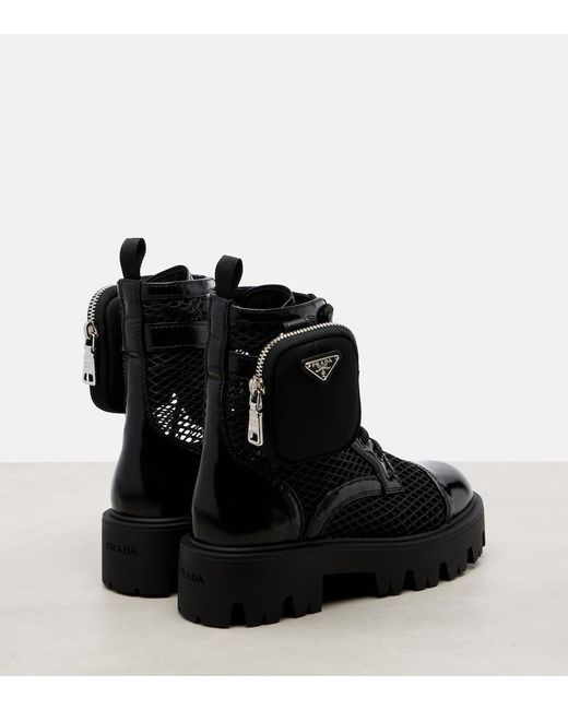 Prada Black Leather-Trimmed Mesh Combat Boots