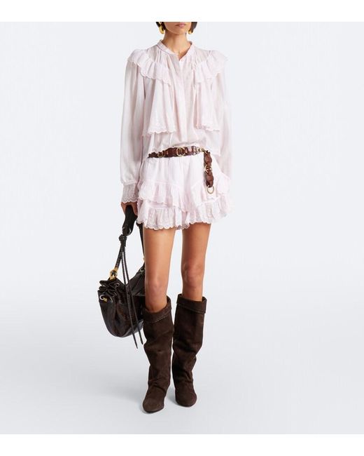 Isabel Marant Pink Kelmon Embroidered Ruffled Cotton Blouse