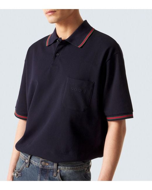 Gucci Blue Web Stripe Cotton-Blend Pique Polo Shirt for men