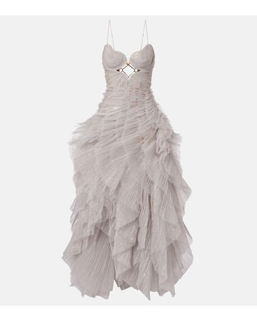 Maria Lucia Hohan Metallic Sureya Cutout Ruffled Tulle Gown