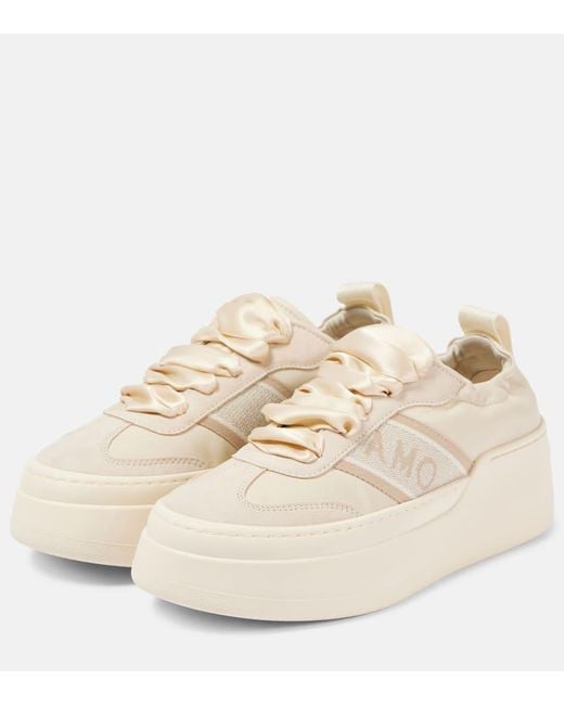 Ferragamo Natural Plateau-Sneakers Aus Leder Mit Veloursleder