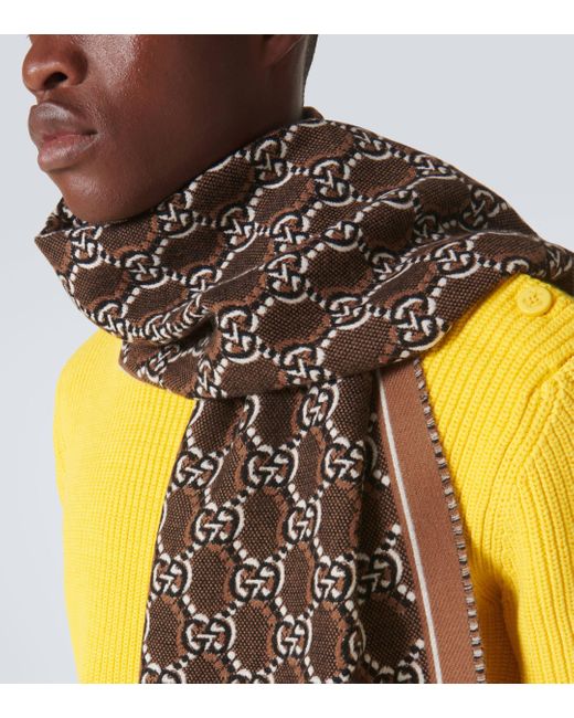 Gucci Brown Gg Shadow Fringed Jacquard Wool Scarf for men