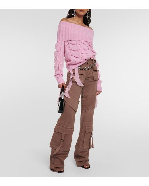 Blumarine Pink Rushed Off-Shoulder Wool Sweater