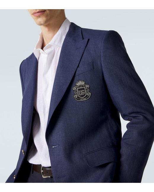 Dolce & Gabbana Blue Logo Single-Breasted Linen Blazer for men