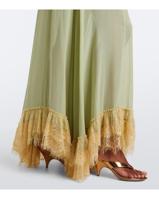 De La Vali Green Estela Lace-Trimmed Georgette Maxi Dress