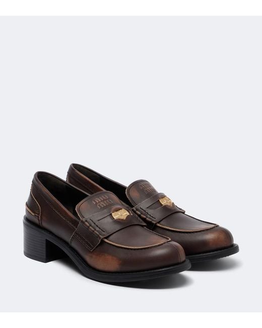 Miu Miu Brown Deco Leather Loafer Pumps