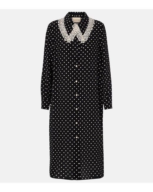Valentino Black Polka-Dot Lace-Trimmed Silk Shirt Dress