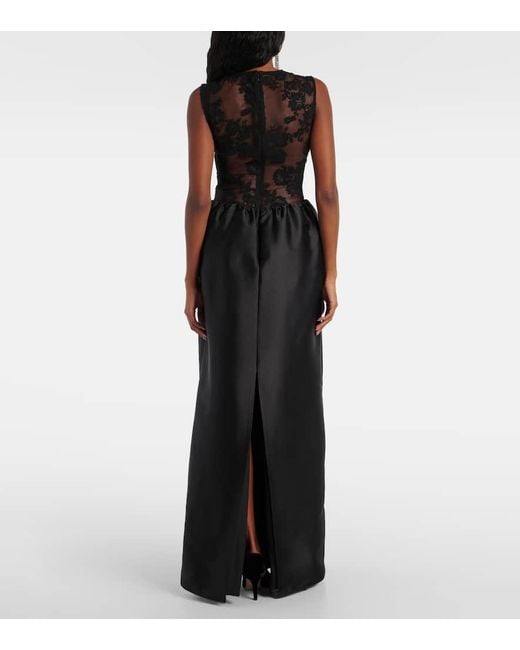 Self-Portrait Black Floral Lace-Trimmed Taffeta Maxi Dress