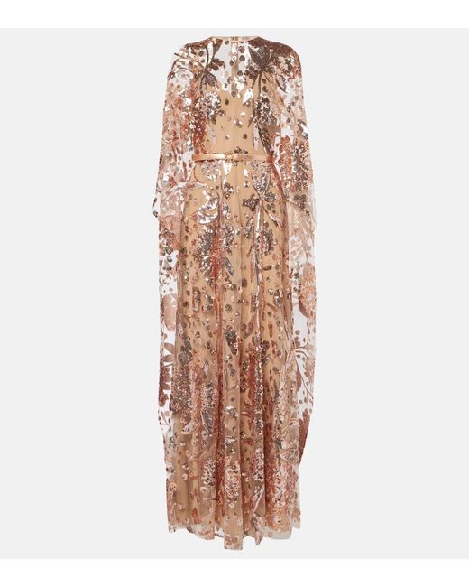Elie Saab Natural Sequined Embroidered Tulle Gown