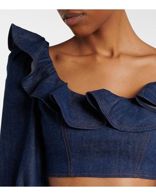 Zimmermann Blue Aster Ruffled Denim Crop Top