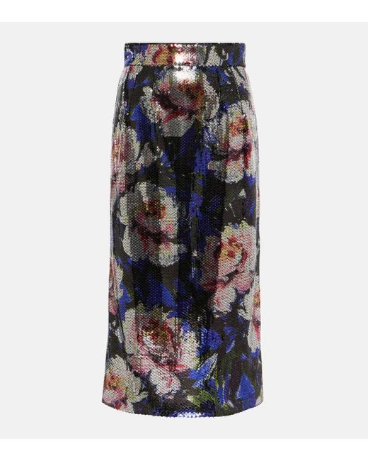 Dolce & Gabbana Blue Sequined Floral Midi Skirt