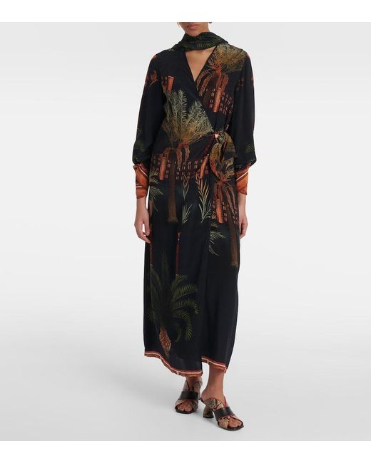 Johanna Ortiz Black Printed Silk Wrap Dress
