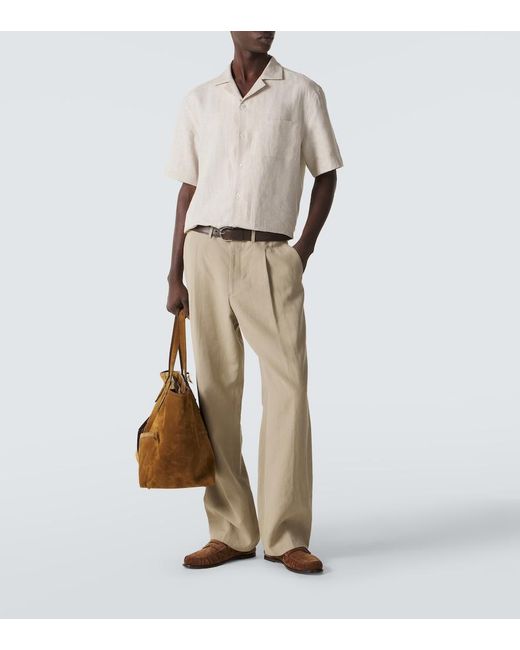 Fedeli Natural Striped Linen Bowling Shirt for men