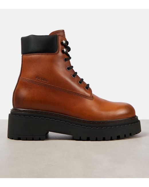 Prada Brown Schnuerstiefel Aus Re-Nylon Und Leder