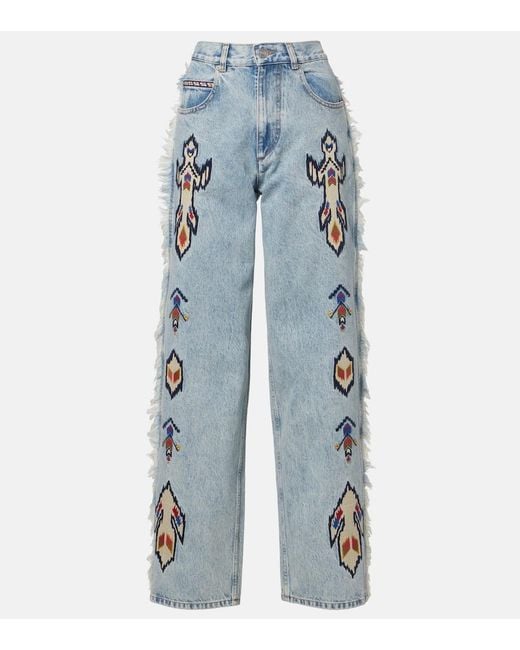 Isabel Marant Blue Maella Embroidered Fringed Straight Jeans