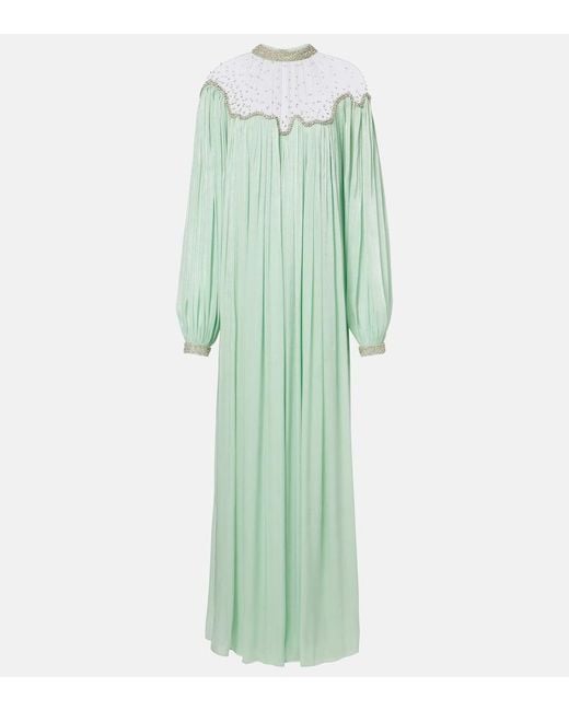 Costarellos Green Elline Embellished Pleated Gown