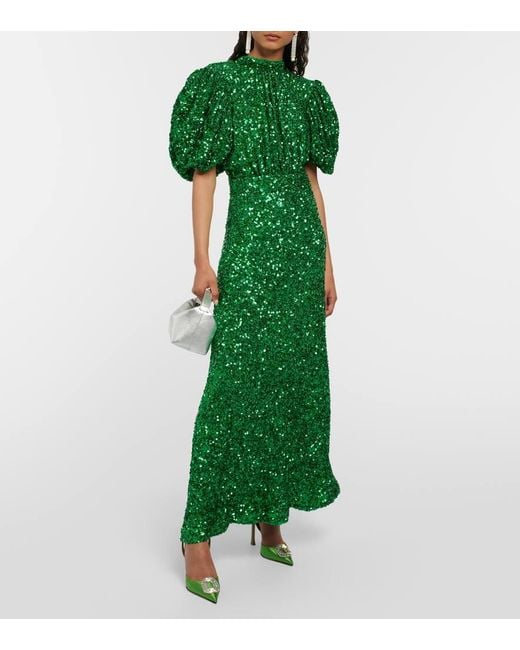 ROTATE BIRGER CHRISTENSEN Green Sequined Puff-Sleeve Maxi Dress