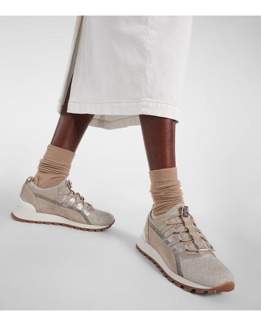 Brunello Cucinelli White Verzierte Sneakers mit Veloursleder