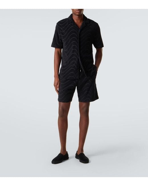 Frescobol Carioca Black Embroidered Cotton-Blend Terry Shorts for men