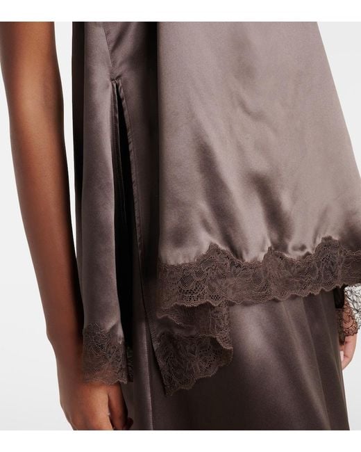 Magda Butrym Brown Floral-Applique Lace-Trimmed Silk Satin Top