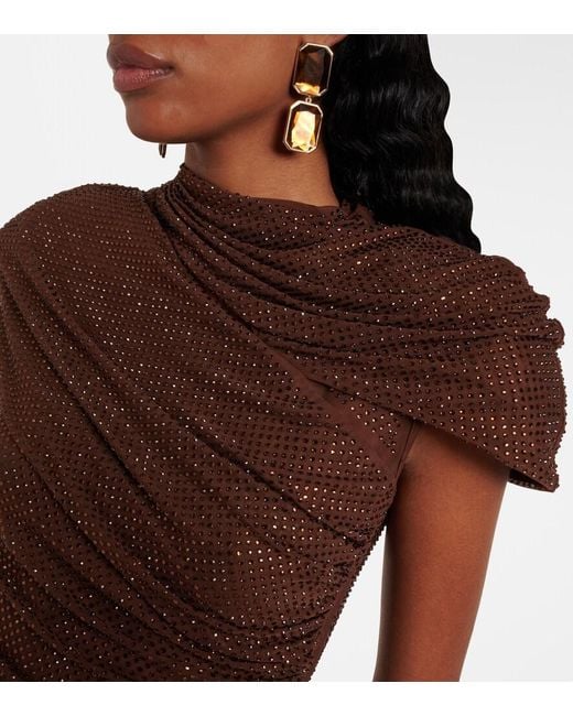 Self-Portrait Brown Crystal-Embellished Draped Mesh Top