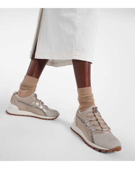 Brunello Cucinelli White Verzierte Sneakers mit Veloursleder