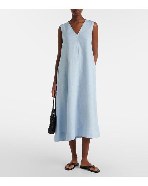 Asceno Blue Nisha Linen Midi Dress