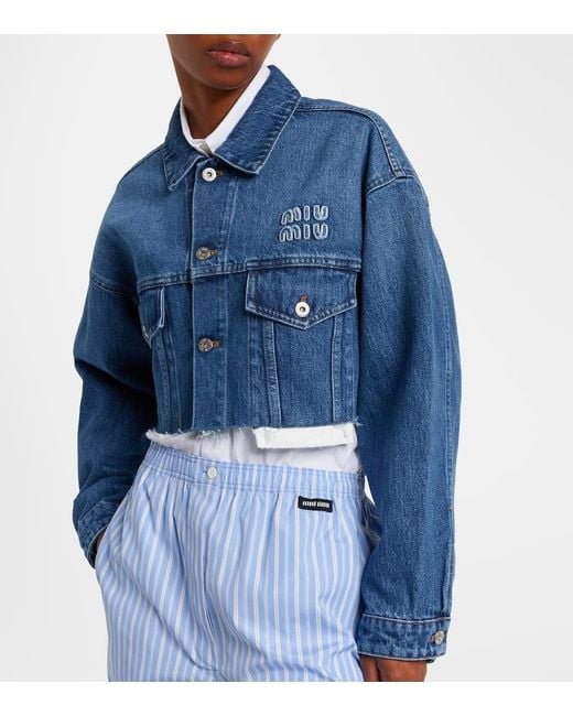 Veste Raccourcie En Jean A Logo Miu Miu en coloris Blue