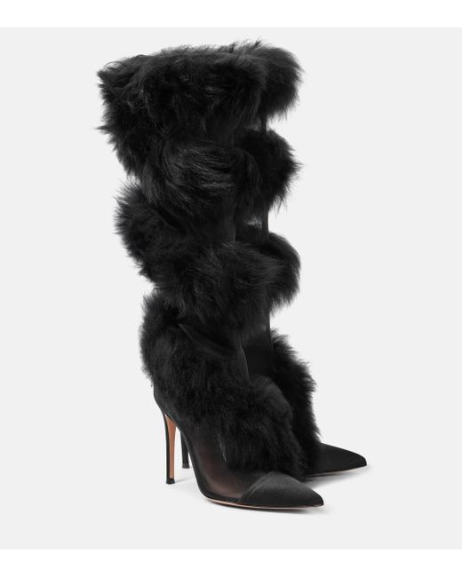 Gianvito Rossi Black Shearling And Mesh Knee-High Boots