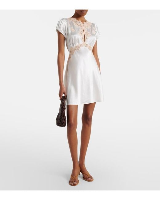Doen White Junia Lace-Trimmed Silk Satin Minidress